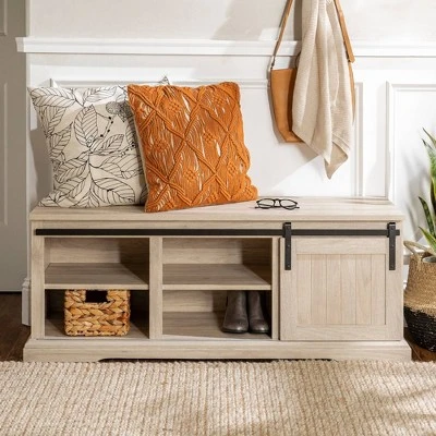 48" Transitional Sliding Door Wood And Metal Bench - Saracina Home - Image 4