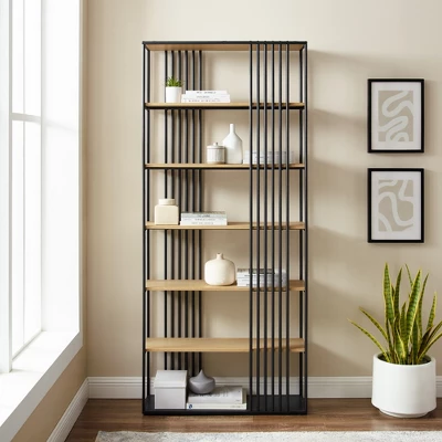 79" Modern 6 Shelf With Metal Bar Bookcase Coastal Oak/Black - Saracina Home - Image 4