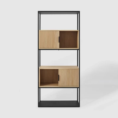 75" Modern Reeded Door Storage Bookshelf Coastal Oak/Black - Saracina Home - Image 2