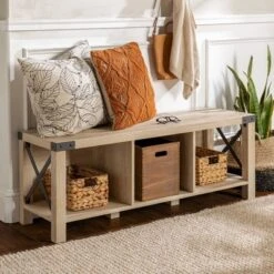 Sophie Rustic Industrial X Frame Entry Bench With 3 Cubbies - Saracina Home
