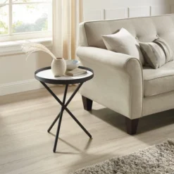 Modern Minimalist Intersecting Tripod Leg Side Table Black/Faux White Marble - Saracina Home