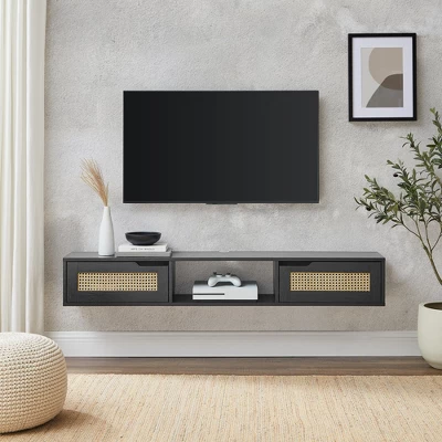 Modern Boho Floating TV Stand For TVs Up To 65" With Rattan Doors - Saracina Home - Image 3