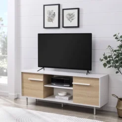 Modern 2 Door TV Stand For TVs Up To 65" Solid White/Coastal Oak/White - Saracina Home