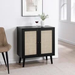 Modern Boho Wood And Rattan 2 Door Accent Cabinet - Saracina Home