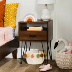 Amal Modern Single Drawer Hairpin Leg Nightstand - Saracina Home