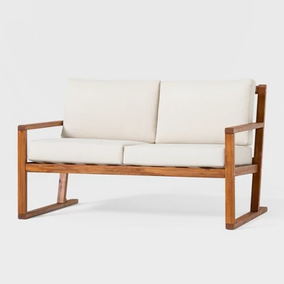 Saracina Home Modern Slat -Back Acacia Outdoor Bench With Cushions - Image 3