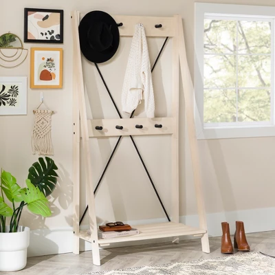 68" Solid Wood X Back Angled Hall Tree White Wash - Saracina Home - Image 12