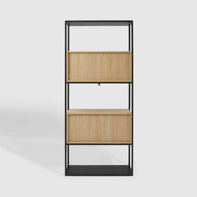 75" Modern Reeded Door Storage Bookshelf Coastal Oak/Black - Saracina Home - Image 4