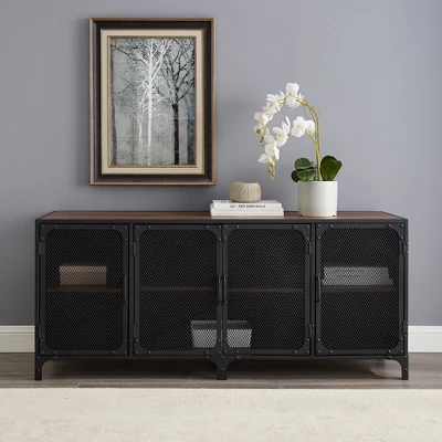 Urban Industrial Metal Mesh 4 Door TV Stand For TVs Up To 65" Dark Walnut - Saracina Home - Image 3