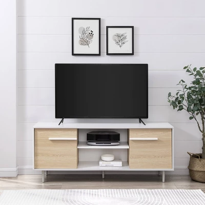 Modern 2 Door TV Stand For TVs Up To 65" Solid White/Coastal Oak/White - Saracina Home - Image 3