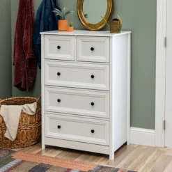 Farmhouse 5 Drawer Grooved Tall Storage Dresser White - Saracina Home